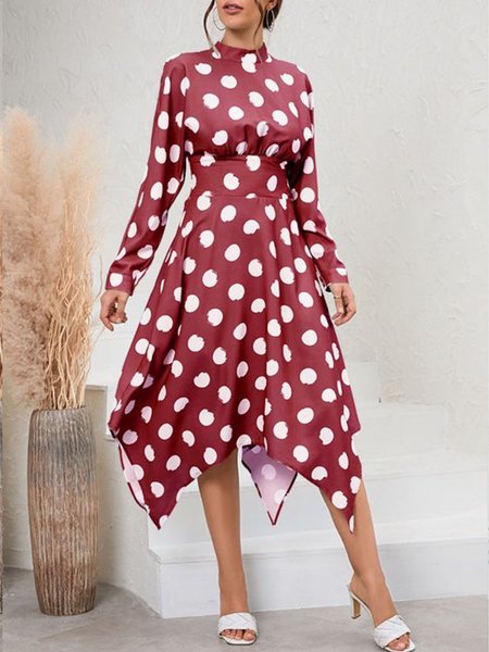 

Elegant Stand Collar Polka Dots Long Sleeve Dress, Red, Midi Dresses