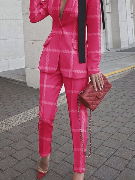 

Regular Fit Plaid Elegant Fashion Ankle Pants, Pink, Pants