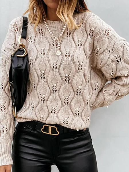 

Casual Pearls Decor Drop Shoulder Open Knit Sweater, Khaki, Sweaters & Cardigans