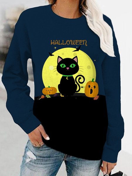 

Women Casual Autumn Cat Daily Loose Long sleeve Crew Neck Regular Medium Elasticity Sweatshirts, Dark blue, Sweatshirts & Hoodies