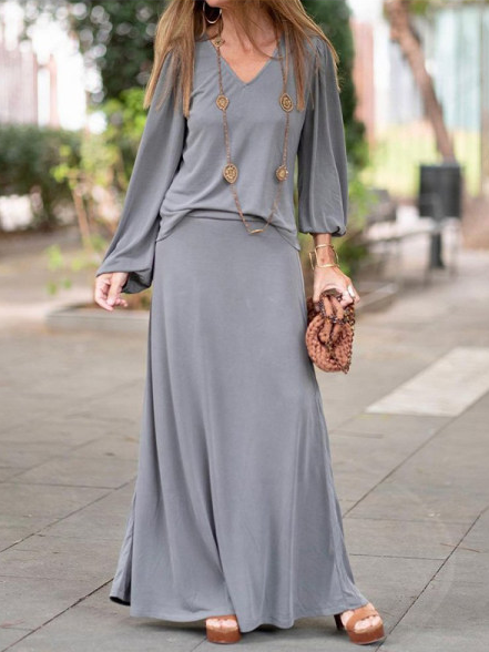 

V Neck Loose Casual Two Piece Sets, Gray, Suit Set