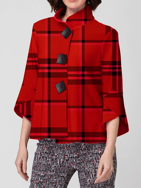 

Women Plaid Autumn Urban Polyester Stand Collar No Elasticity Loose Three Quarter Regular Other Coat, Red, Jackets