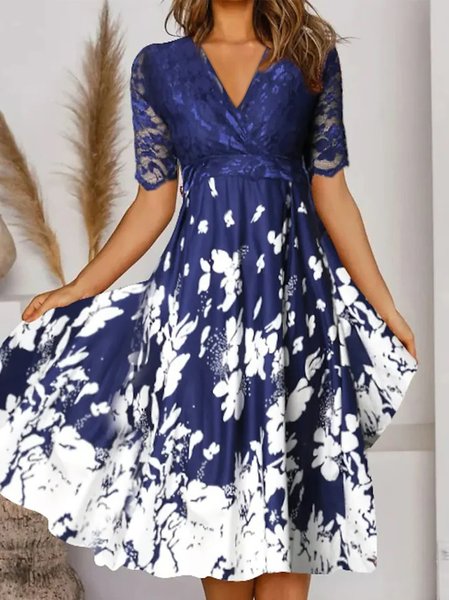 

Elegant Floral V Neck Lace Prom Dress, Dark blue, Dresses
