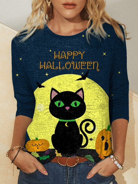 

Casual Crew Neck Cat Halloween T-Shirt, Navy blue, T-Shirts