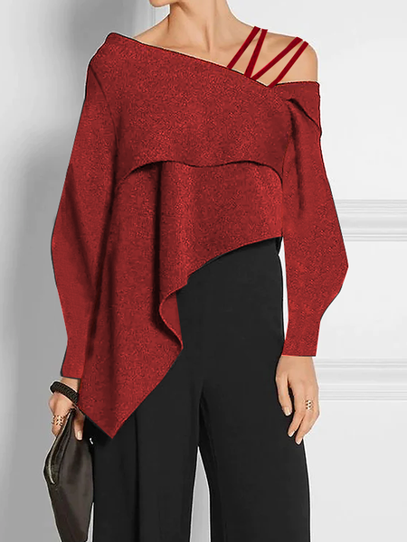 

High Elasticity Asymmetrical Urban Long sleeve Tops, Red, Tops