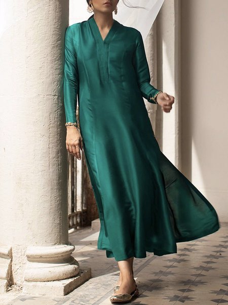 

V neck Plain Loose Elegant Long Dress, Green, Maxi Dresses