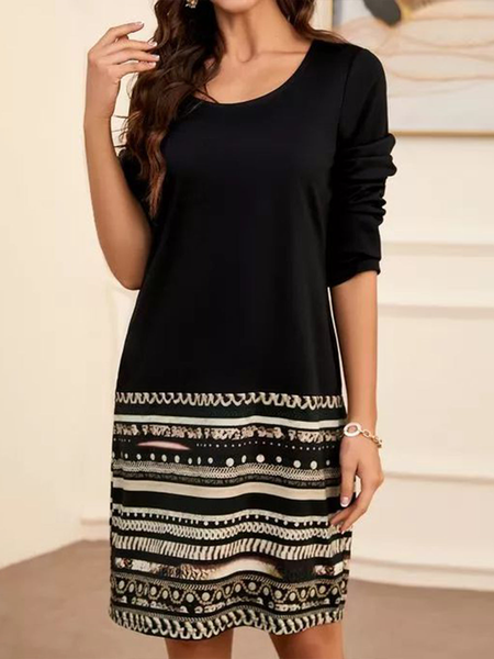

Loose Geometric Crew Neck Dresses, Black, Dresses
