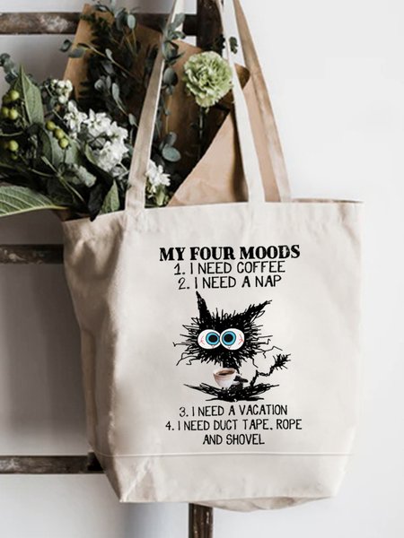 

Funny My Four Moods Angry Cat Need Coffee Graphic Canvas Shopping Tote, White, Bags