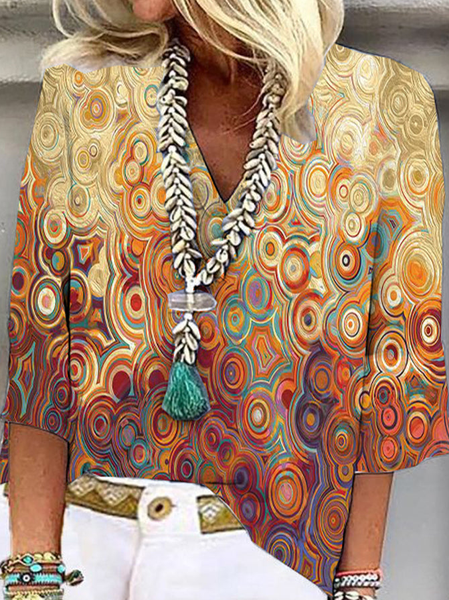 

Abstract V Neck Casual Top, Multicolor, Tops
