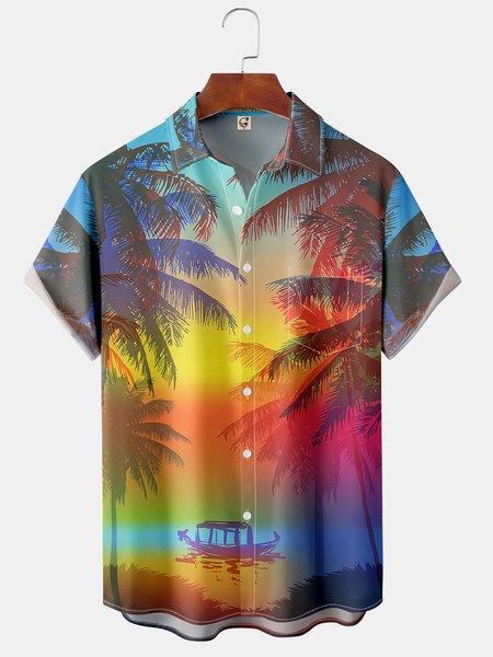 

Gradient Coconut Tree Chest Pocket Short Sleeve Hawaiian Shirt, Blue, Men Shirts