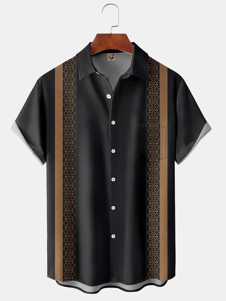Basic Chest Pocket Short Sleeve Bowling Shirt, Black, Men Shirts