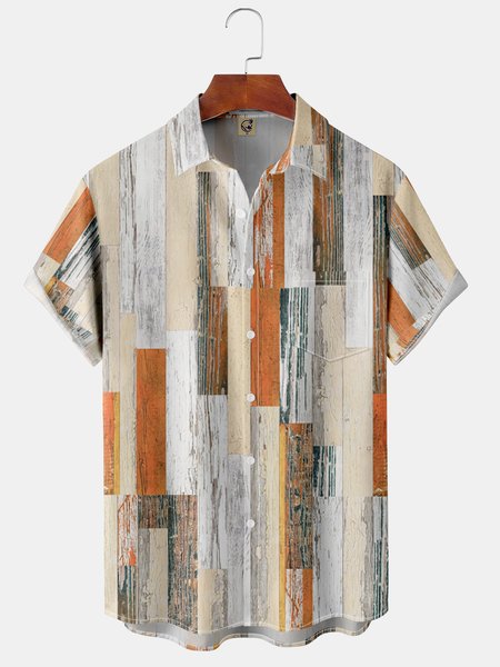

Men's Geometric Striped Casual Short Sleeve Hawaiian Shirt with Chest Pocket, Orange, Short Sleeve Shirts