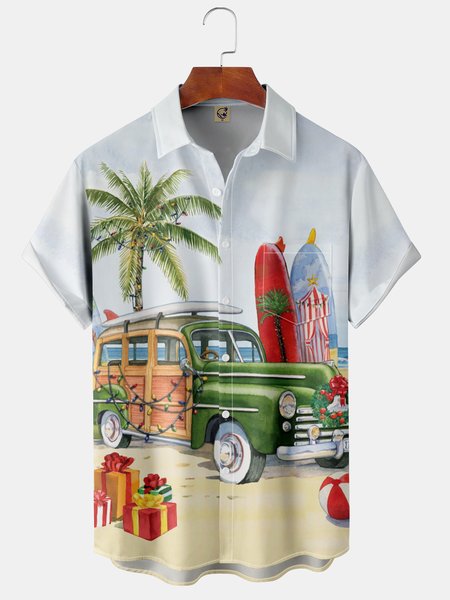 

Car Chest Pocket Short Sleeve Hawaiian Shirt, Green, Men Shirts