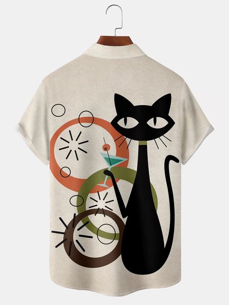 

Men's Art Cat Print Short Sleeve Hawaiian Shirt with Chest Pocket, Apricot, Short Sleeve Shirts