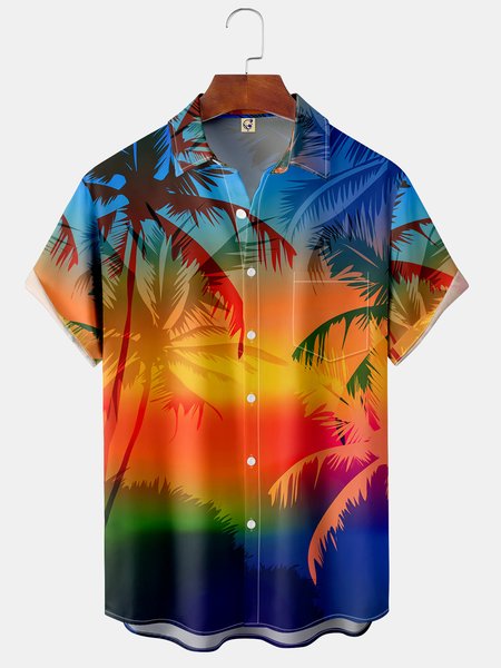 

Gradient Coconut Tree Chest Pocket Short Sleeve Hawaiian Shirt, Blue, Men Shirts
