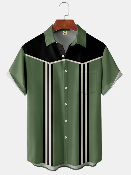 

Men's Contrast Stripe Print Casual Short Sleeve Hawaiian Shirt with Chest Pocket, Green, Short Sleeve Shirts