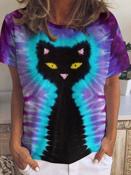 

Womens Cat Lover Tie Dye Print Casual T-Shirt, As picture, T-shirts
