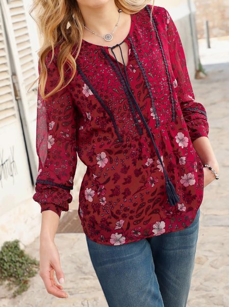 

V Neck Floral Casual Blouse, Red, Shirts & Blouses