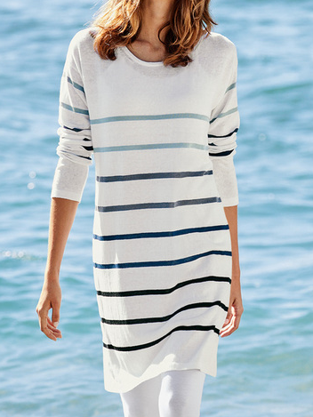 

Women Striped Casual Autumn Skirt Long sleeve Crew Neck Cotton-Blend H-Line Regular Size Dresses, White, Dresses