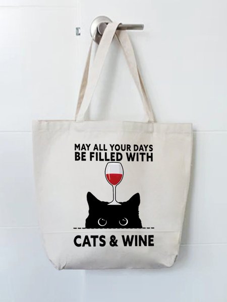 

May All Your Days Be Filled With Cats & Wine Graphic Shopping Tote, White, Bags