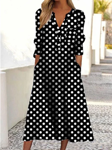 

Casual V-Neck Polka Dot Printed Long Sleeve Midi Dress, Black, Midi Dresses