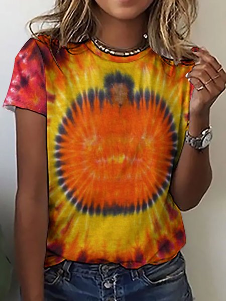 

Womens Fall Pumpkin Tie Dye Crew Neck Casual Animal T-Shirt, As picture, T-shirts
