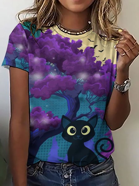 

Women Black Cat Bats Pattern Casual Crew Neck T-Shirt, As picture, T-shirts