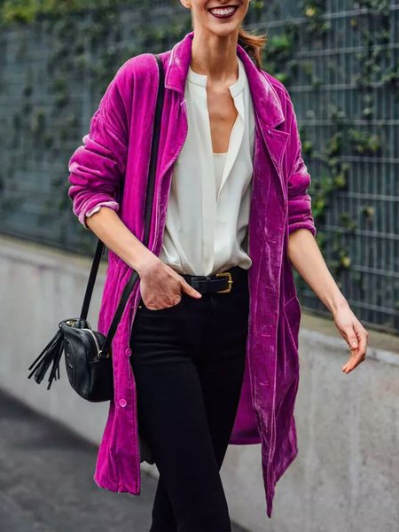

Daily Long sleeve Plain Shawl Collar Velvet Overcoat, Rose red, Blazers