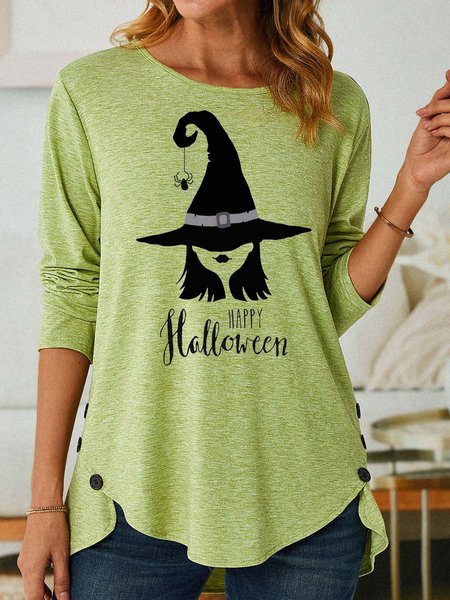 

Women Witch Happy Halloween Casual Loose Cotton Top, Green, Long sleeves