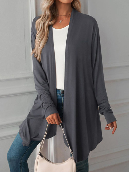 

Women Casual Plain Autumn Micro-Elasticity Loose Long sleeve Wrap Mid-long Regular Size Coat, Gray, Outerwear