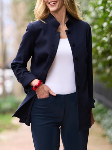 

Simple Stand Collar Plain Loose Long Sleeve Jacket, Navy blue, Blazers