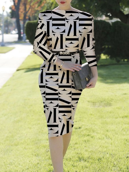 

Long sleeve Regular Fit Text Letters Midi Dress, Apricot, Midi Dresses
