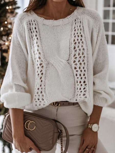 

Women Casual Plain Winter High Elasticity Daily Loose Crew Neck Regular H-Line Sweater, White, Sweaters & Cardigans