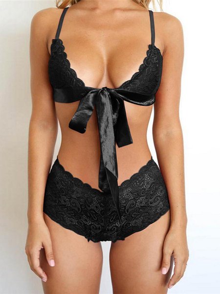 

Halloween Lace Bow Knot Perspective Temptation Erotic Lingerie Set, Black, Bra & Bra Sets