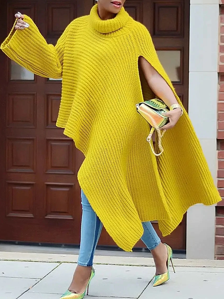 

Loose Turtleneck Long sleeve Plain Urban Sweater, Yellow, Sweaters