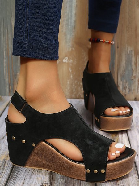 

Vintage Platform Studded Cutout Wedge Fish Mouth Sandals, Black, Creepers & Wedges