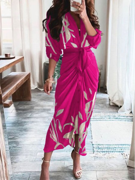 

Elegant Shirt Collar Floral Printed Midi Dress, Rose red, Midi Dresses