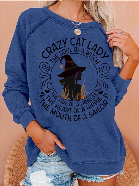 

Women Crazy Cat Lady Witch Halloween Loose Cotton Crew Neck Sweatshirts, Blue, Hoodies&Sweatshirts
