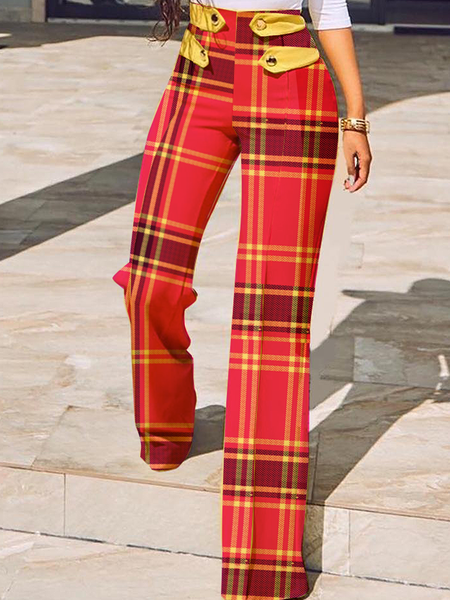 

Women Plaid Autumn Urban High Waist Regular Fit Commuting Straight pants H-Line Regular Size Fashion Pants, Red, Pants