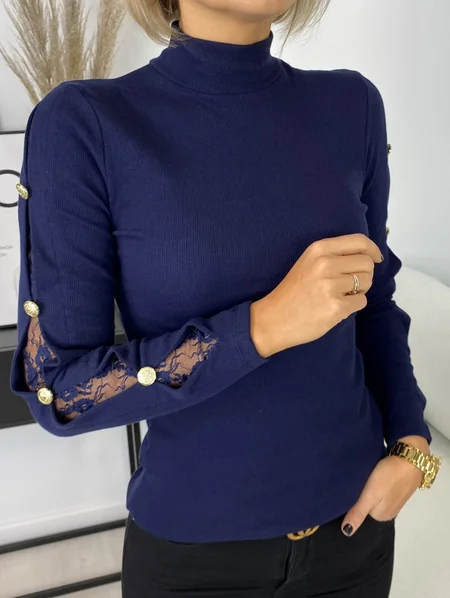 

Plain Turtleneck Tight Tops, Blue, T-Shirts