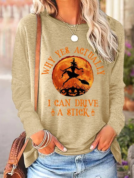 

Women's Yes I Can Drive A Stick Halloween Funny Graphic Cotton-blend Long Sleeve T-shirt, Khaki, Long sleeves
