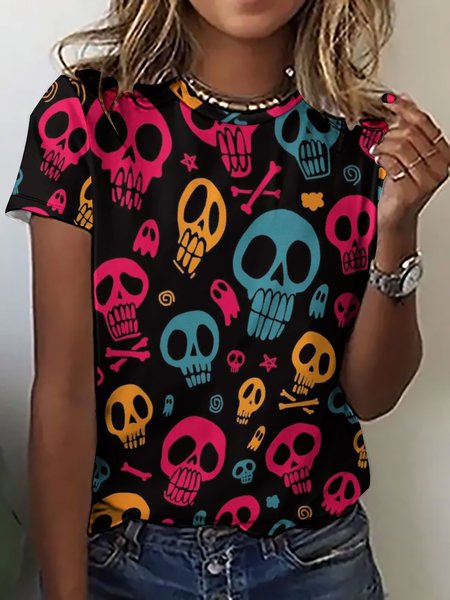 

Women Halloween skull Crew Neck T-Shirt, As picture, T-shirts