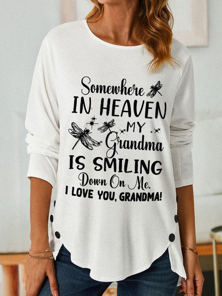 

Women Dragonflies Shirt, Somewhere In Heaven My Grandma Is Smiling Down On Me Simple Long Sleeve Top, White, Long sleeves