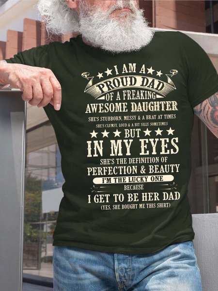 

Men Proud Dad Perfection Beauty Daughter Fit Text Letters Crew Neck T-Shirt, Darkgreen, T-shirts