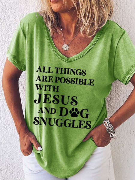

Womens All Things Are Possible with Jesus V Neck Letters T-Shirt, Green, T-shirts