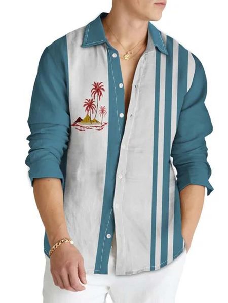 

Cotton Linen Hawaiian Long Sleeve Billiard Shirt, As picture, Long Sleeve Shirts