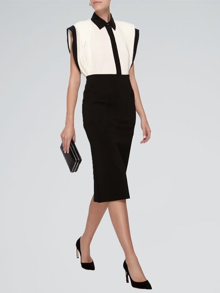 

Urban Regular Fit Shirt Collar Color Block Midi Dress, Black-white, Midi Dresses