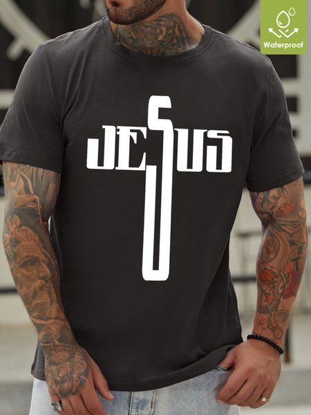 

Jesus Cross Waterproof Oilproof And Stainproof Fabric Men's T-Shirt, Deep gray, T-shirts