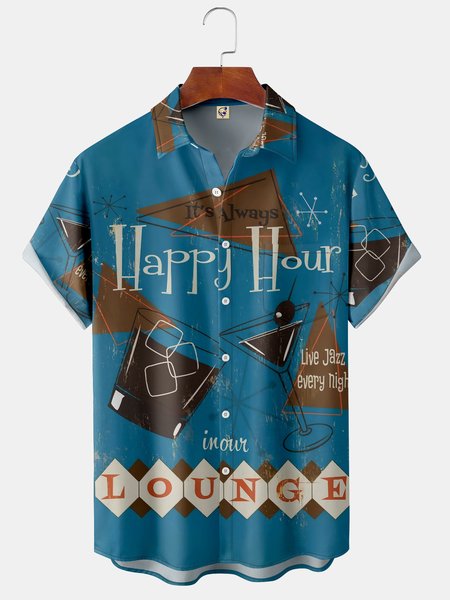 

Geometric Wine Glass Chest Pocket Short Sleeve Shirt, Blue, Men Shirts