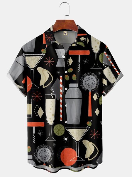 

Geometric Wine Glass Chest Pocket Short Sleeve Shirt, Black, Men Shirts